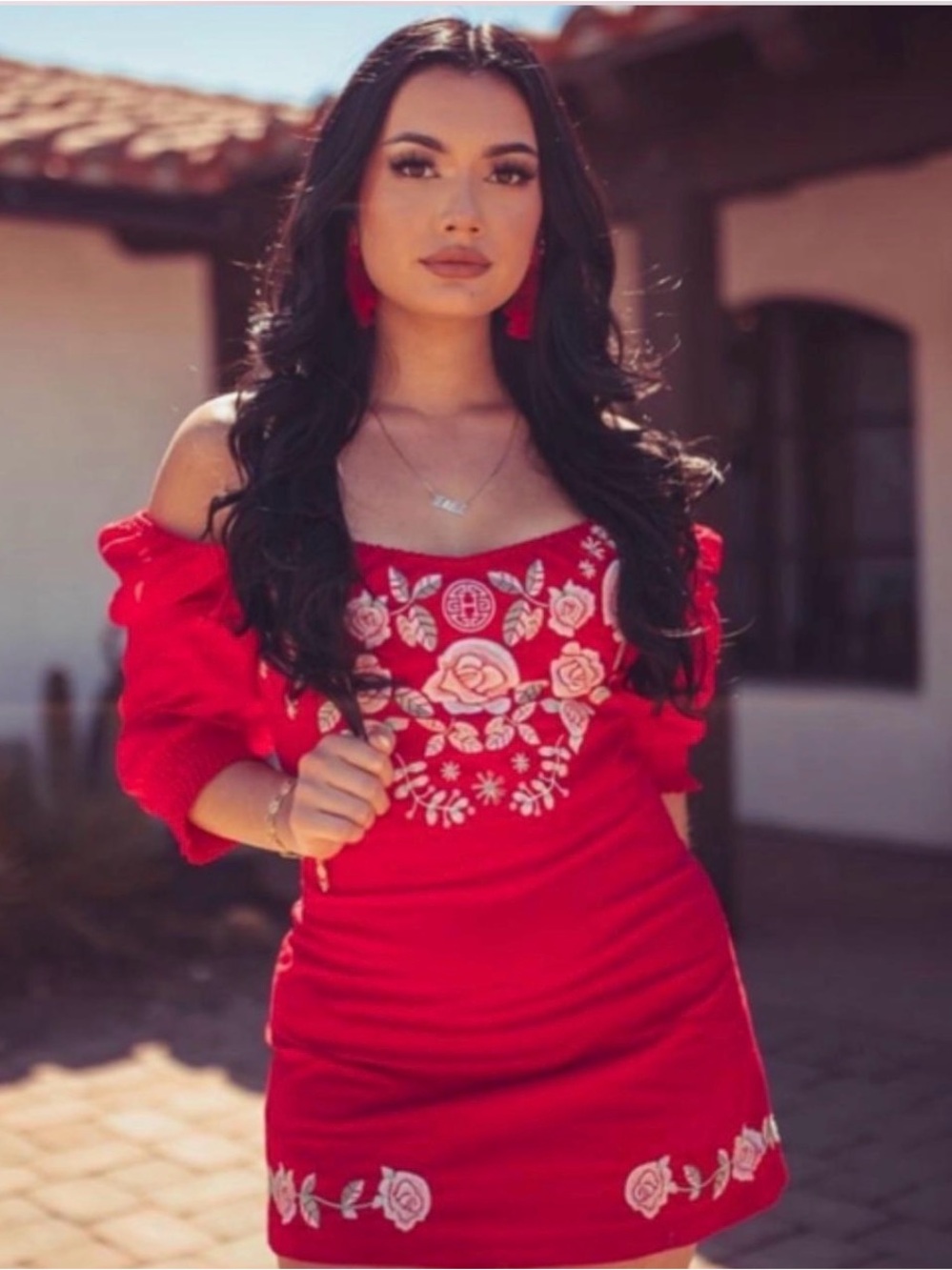 Herencia Clothing Cariñosa Red Embroidered Off-Shoulder Dress